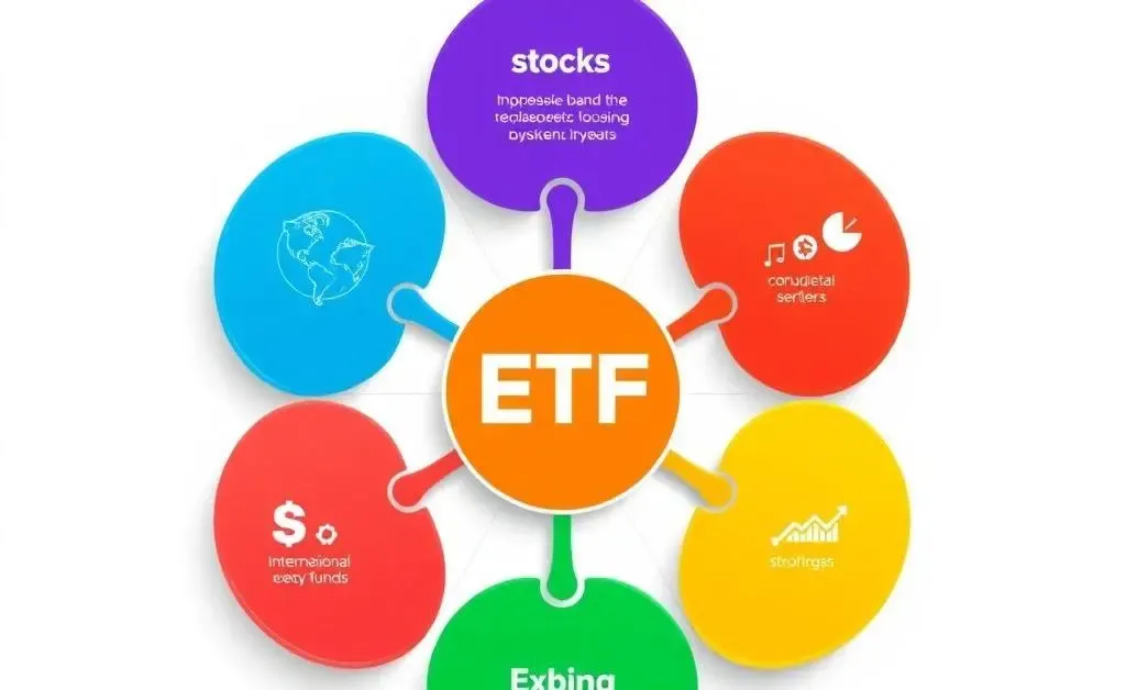 Colorful infographic displaying diverse ETF portfolio elements.