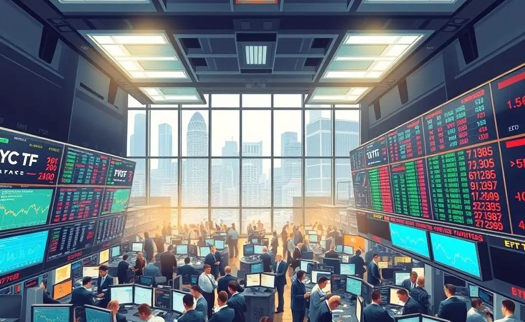 Illustration of a busy stock exchange floor with people trading ETF shares.