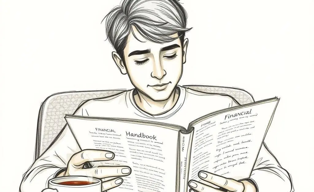 A person reading a financial guide with a cup of coffee
