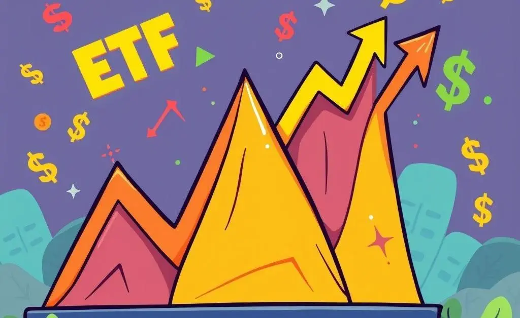 Cartoon of a stock market chart with upward and downward trends representing ETF investing.