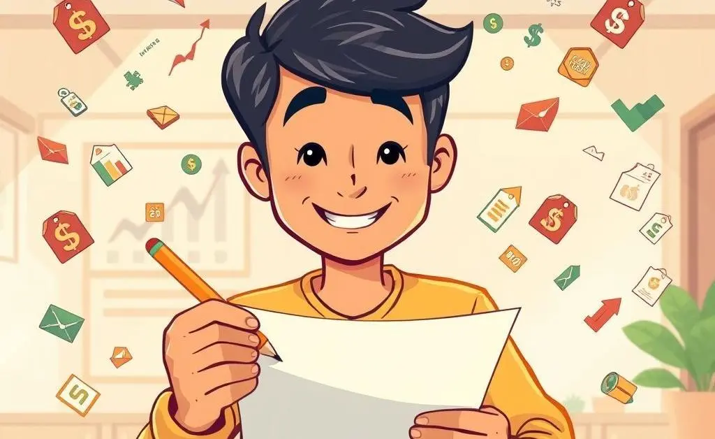 Friendly cartoon-style image depicting a person with paper and pencil, planning investments surrounded by small icons of stocks and funds.