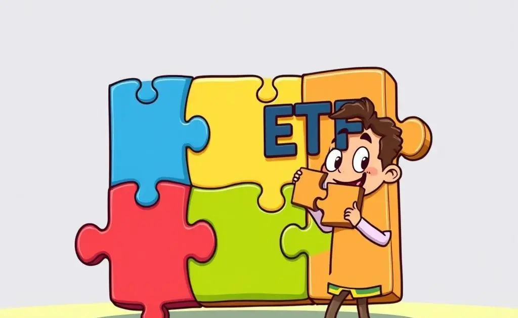 A cartoon-style image of an ETF puzzle being assembled, symbolizing understanding complex topics