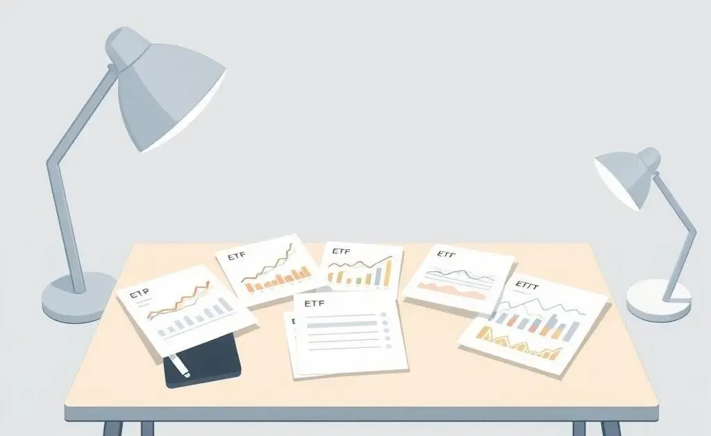 ETF performance overview with a desk, papers, and graphs.