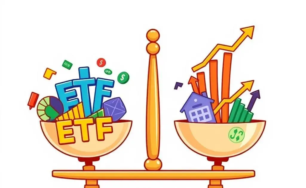 A balance scale with ETFs on one side and traditional stocks on the other.