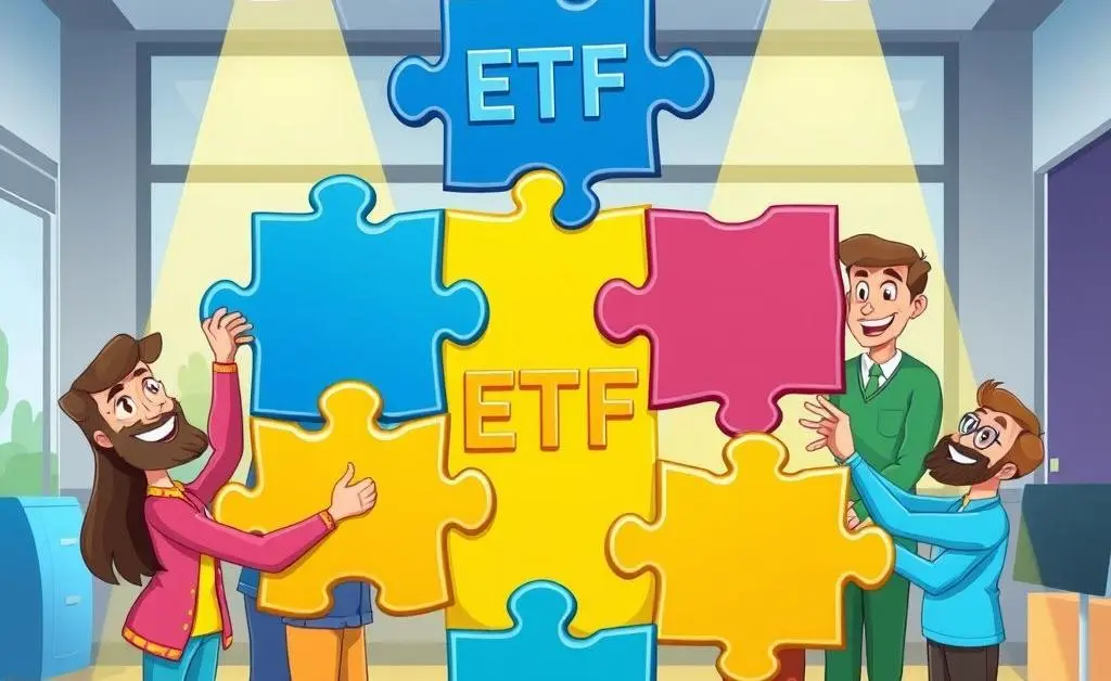 Cartoon characters fitting ETF puzzle pieces together to symbolize investment strategy.
