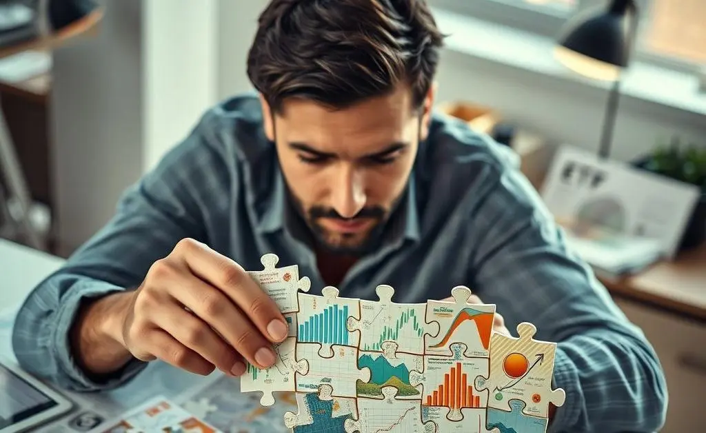 A person piecing together a jigsaw puzzle labeled with ETF symbols and strategy indicators.