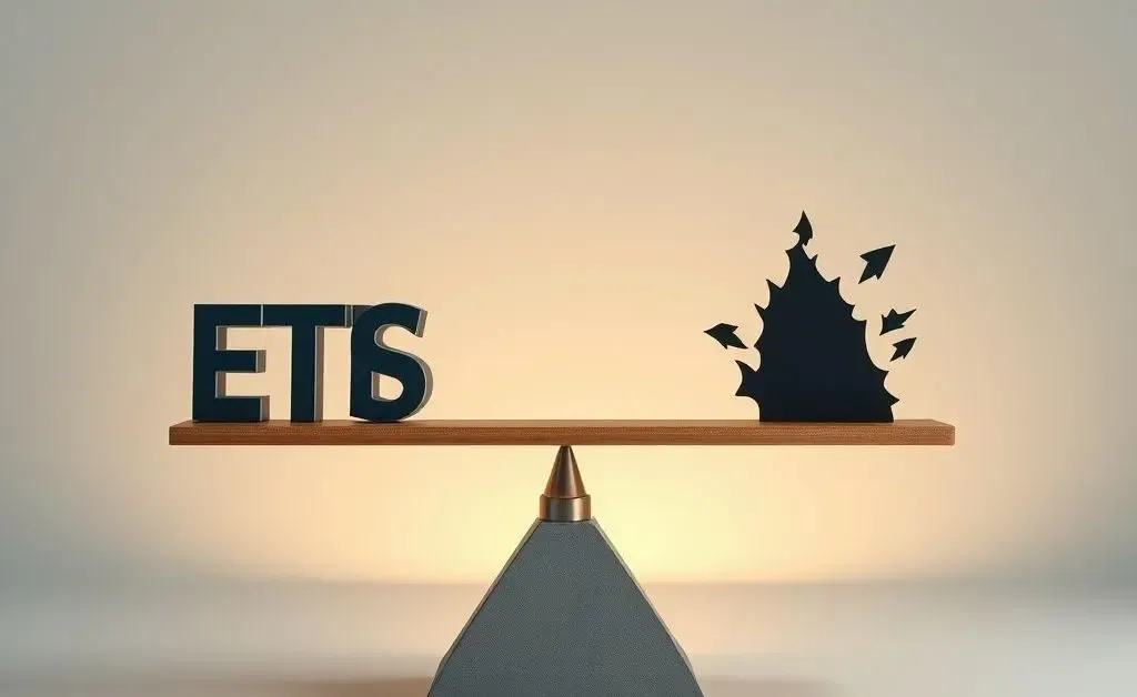A seesaw balancing between risk and reward with ETFs on one side and potential risks on the other.