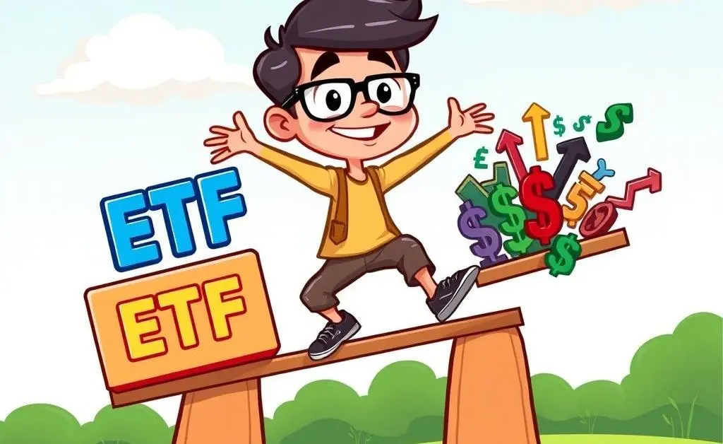 Illustration of a seesaw with ETF on one side and stocks on the other