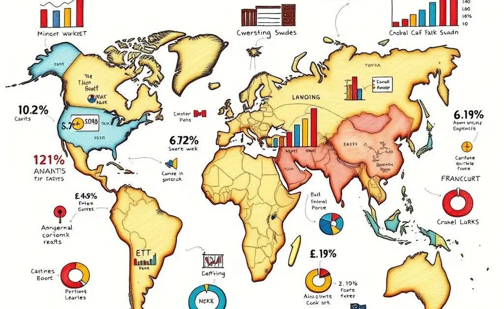 Map with charts and graphs representing ETF markets.