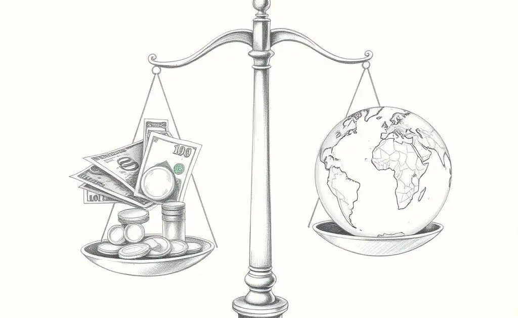 Illustration of a scale balancing money and a globe.