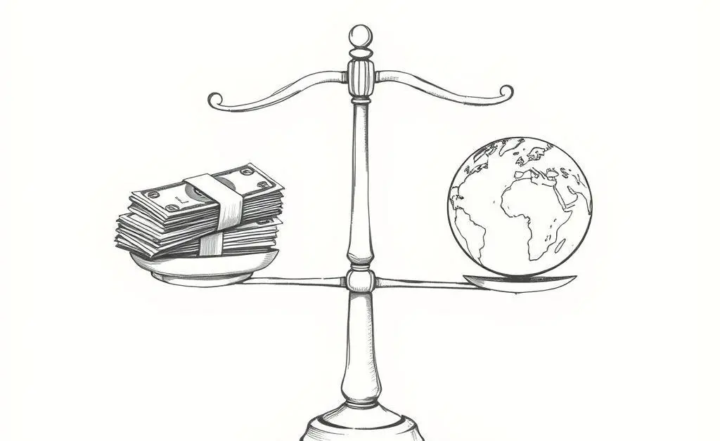 A clean hand-drawn illustration of scales balancing money and a globe.