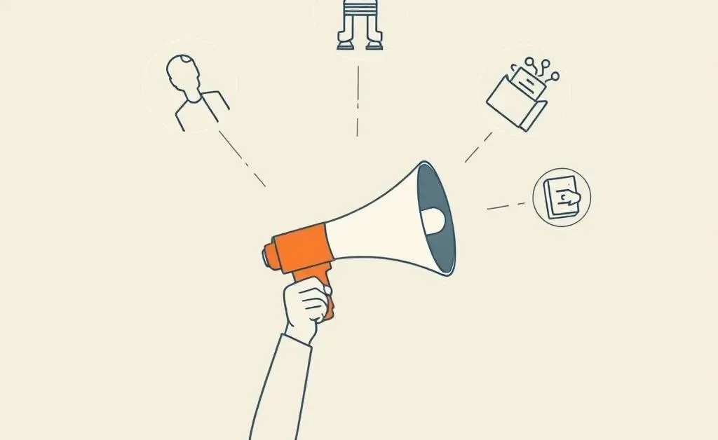 Person holding a megaphone with symbols of ethics and responsibility