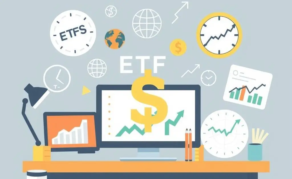 A clean illustration of various financial tools and symbols on a desk.