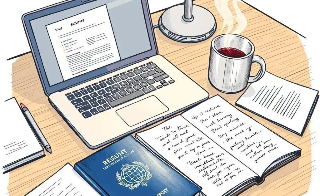 An EU passport on a desk with job search tools.
