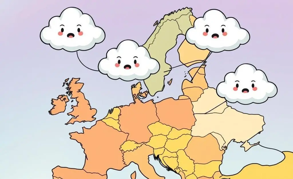 Cartoon clouds over a European map representing market challenges