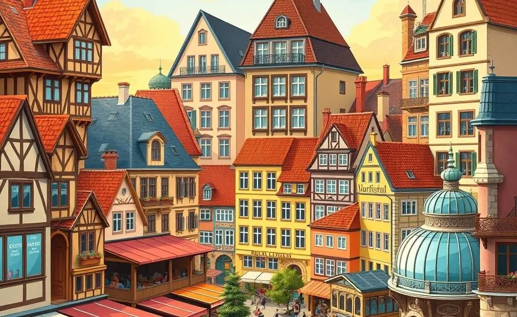 Illustration of diverse European markets represented by different architectural styles from various countries
