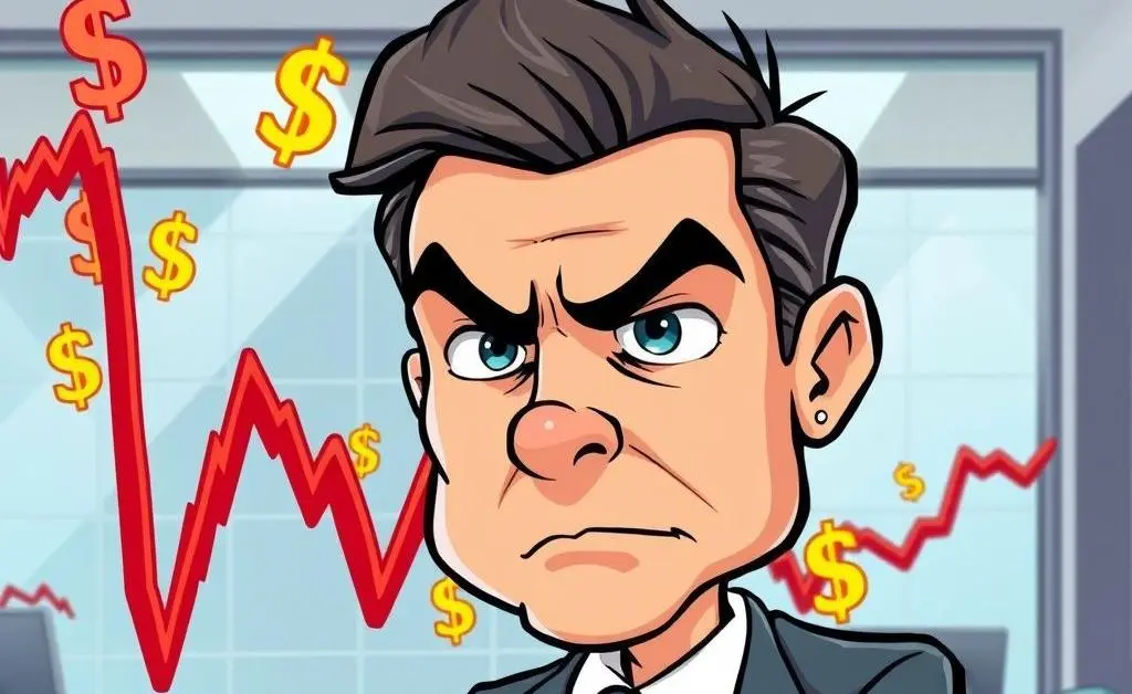 Cartoon of a worried European investor looking at a fluctuating chart with dollar signs.