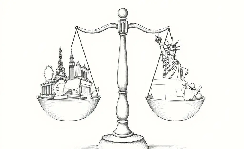 Illustration of a scale balancing European and American market symbols.