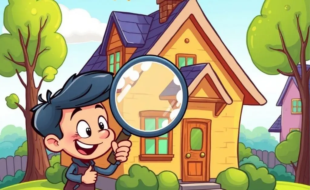 A cartoon-style image of a person evaluating a house with a magnifying glass