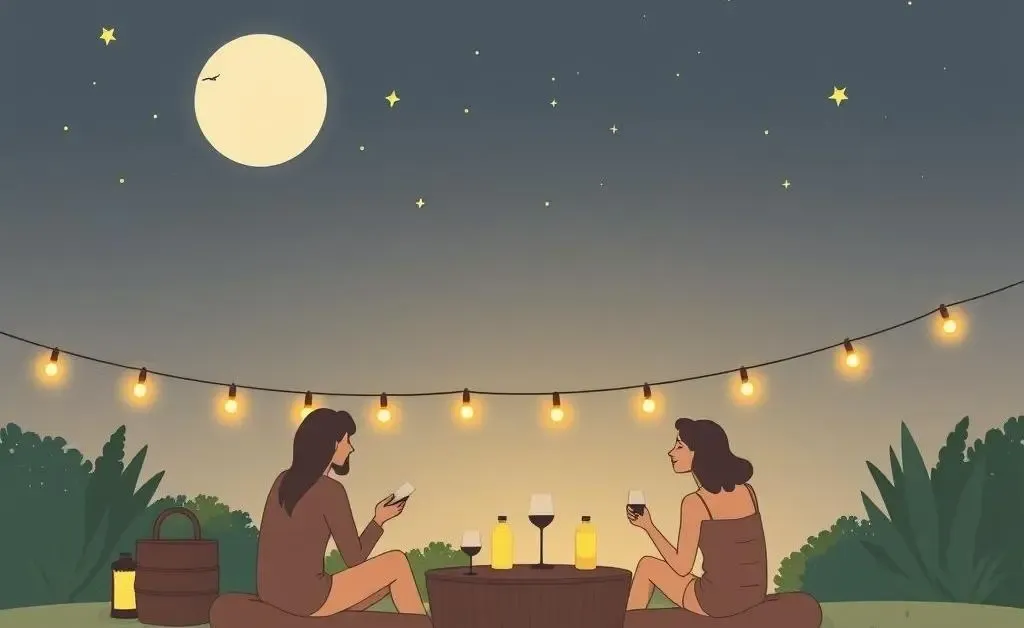A minimalist drawing of friends enjoying an outdoor evening gathering without mosquitoes.