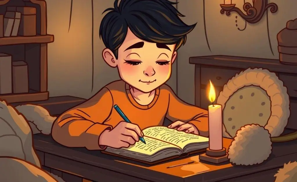 Person writing in a journal by candlelight