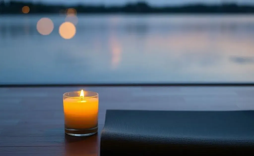 Evening setting with a lit candle and a yoga mat