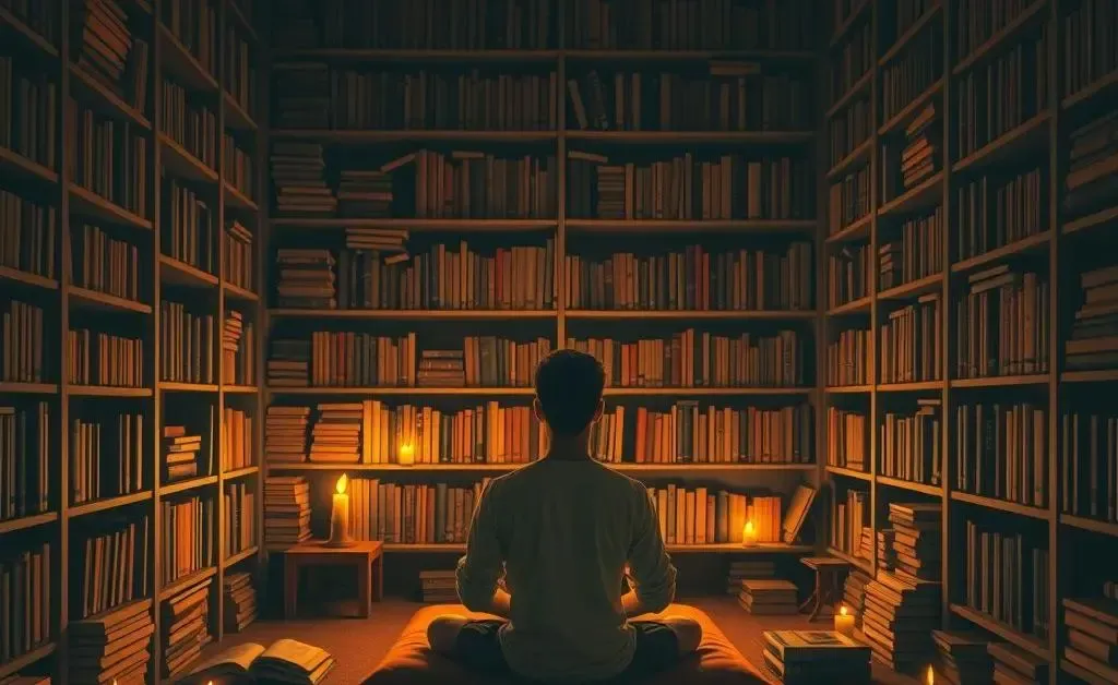 A cozy room setup with a person meditating at night, surrounded by books and lit by candlelight.
