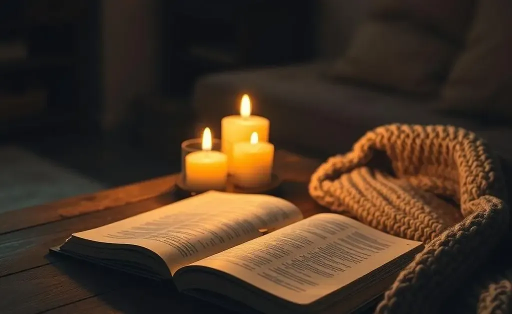Cozy evening setup with a journal, candles, and a warm blanket