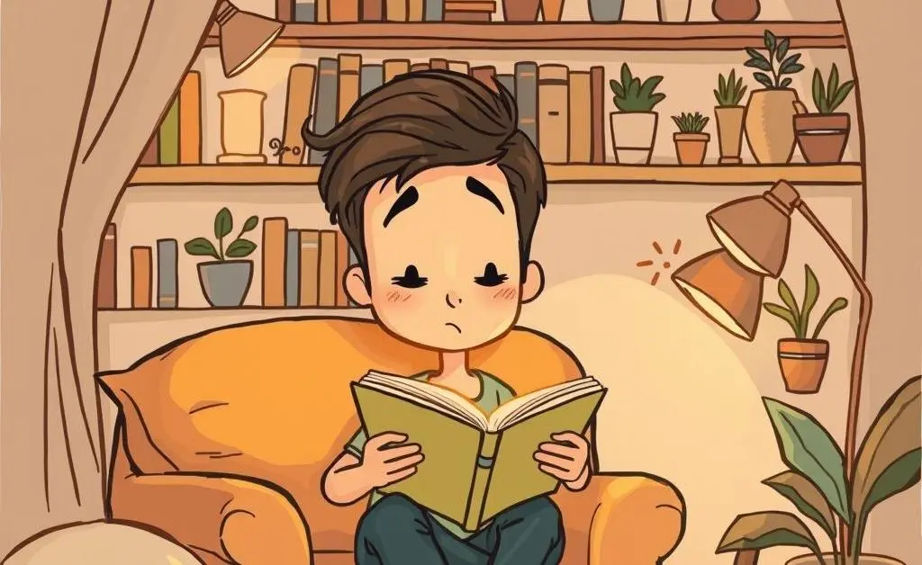 A person reflecting in a cozy space with a book and soft lighting.