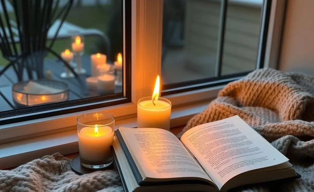 A cozy evening setup with a lit candle, a book, and a blanket by a window.
