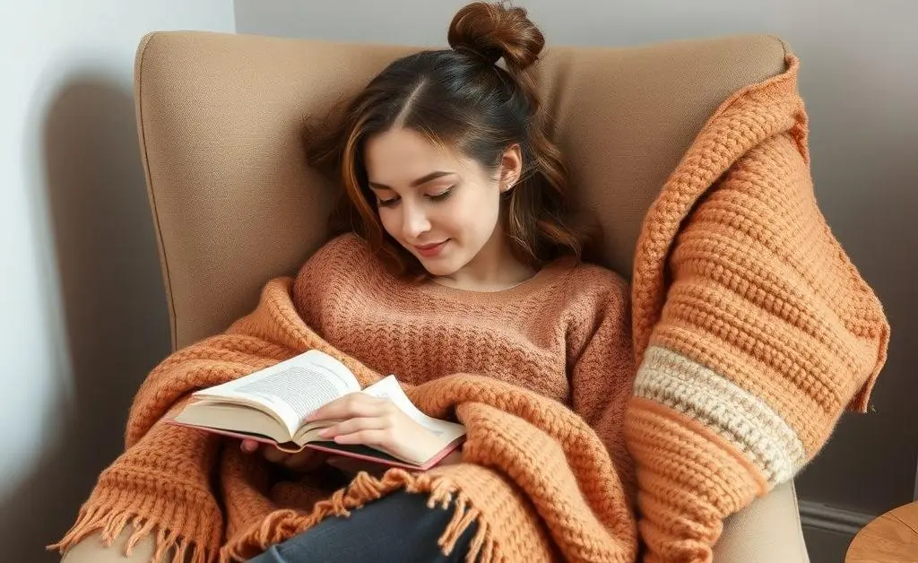A person relaxing in a cozy chair with a warm blanket and a book.