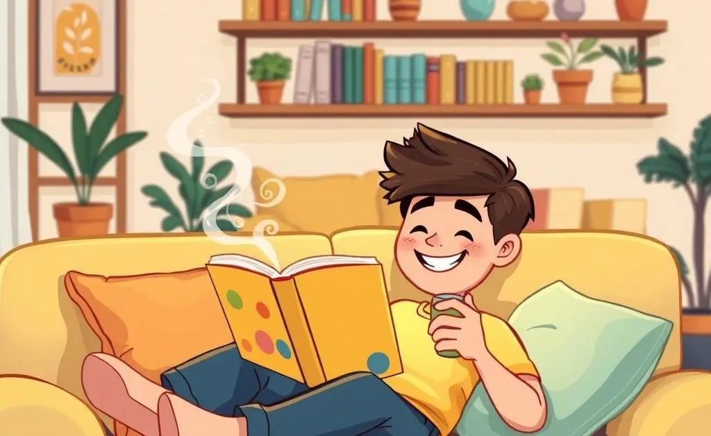 A cartoon-style image of a person relaxing on a sofa with a book and a warm cup of tea.