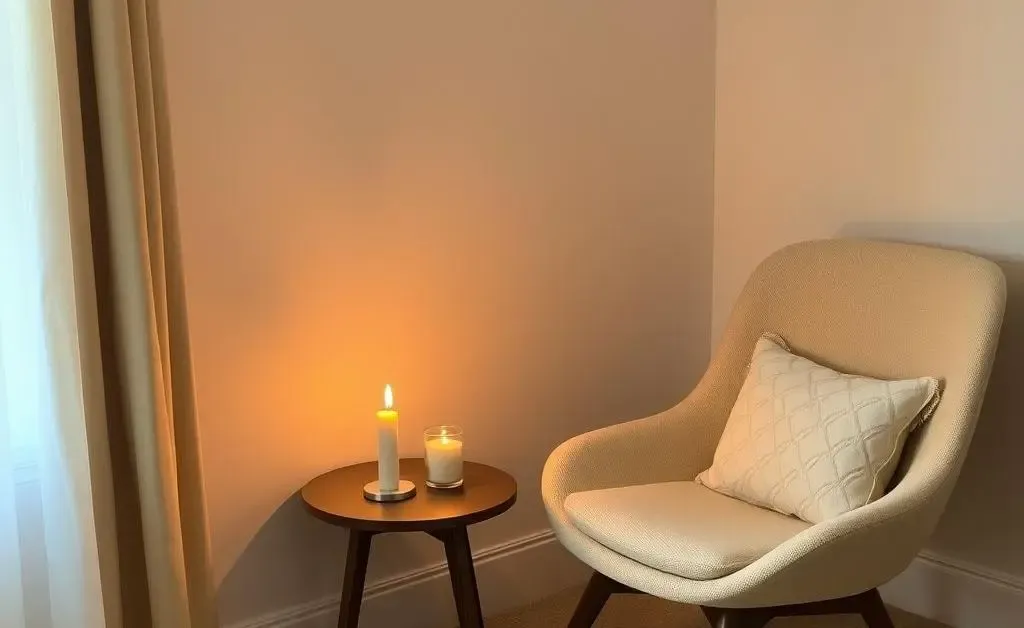 A cozy corner with a comfy chair, a small table with a candle, and soft lighting.