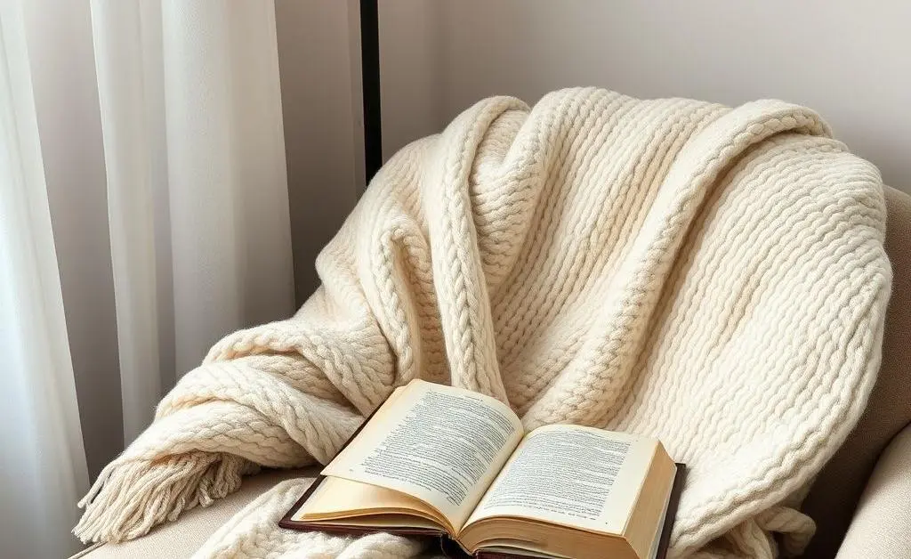 A cozy living room corner with a soft blanket and a book resting on a chair.