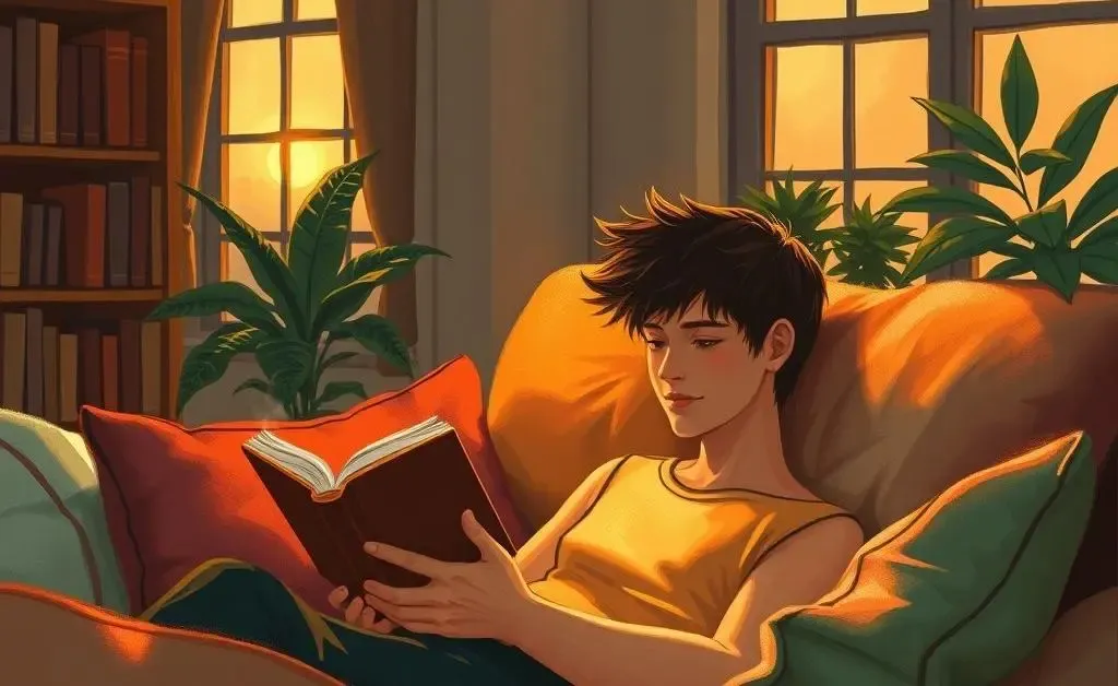 An artistic depiction of a person relaxing in the evening with a book and a cup of tea