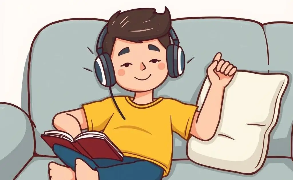 A person relaxing on the couch with headphones.