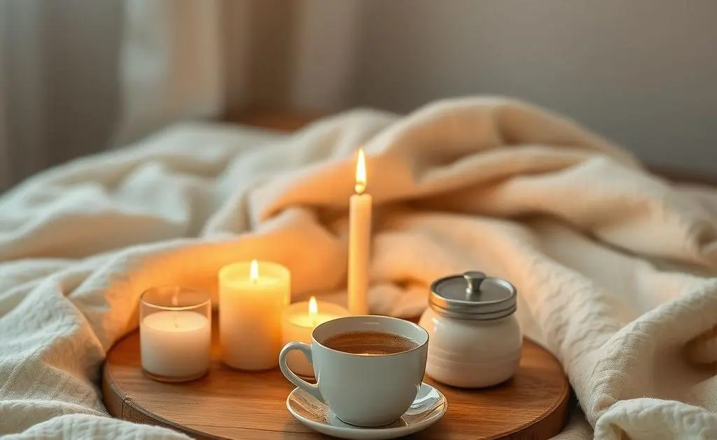A tranquil evening setup with lit candles, a soft blanket, and a calming tea session.