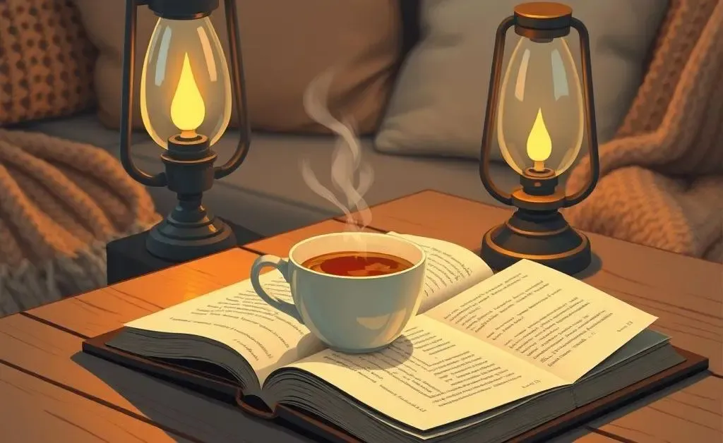 Illustration of a cozy evening ritual with tea, book, and soft lighting.