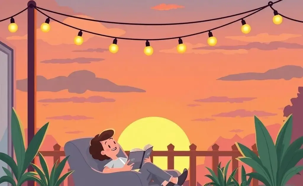 A cartoon illustration of a calm evening routine scene during sunset