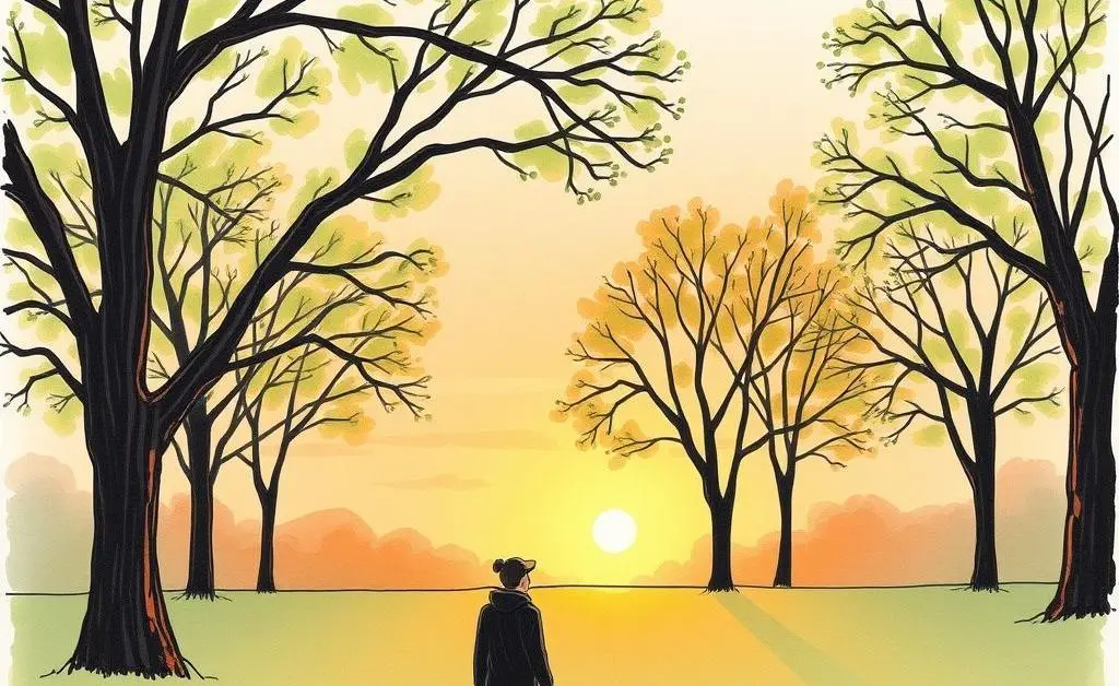 Someone walking in a park during sunset