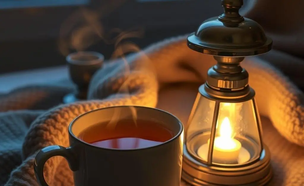 A cozy evening scene with a steaming mug of tea and a small lamp.