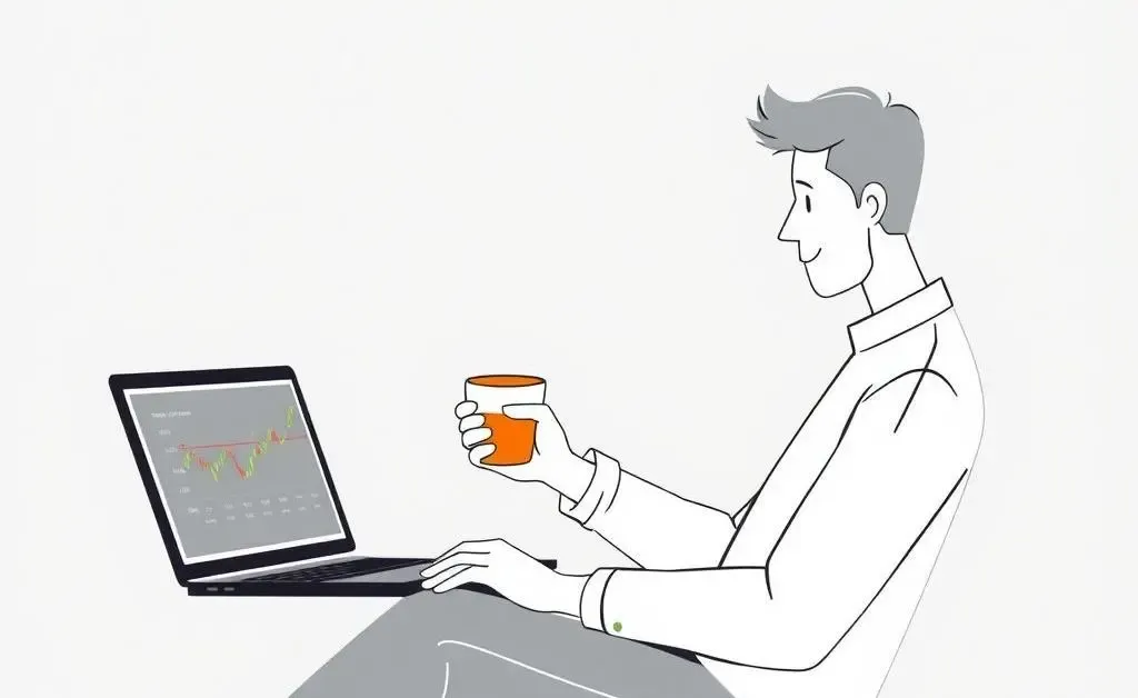 Person sitting with a cup of tea, gazing thoughtfully at a laptop screen