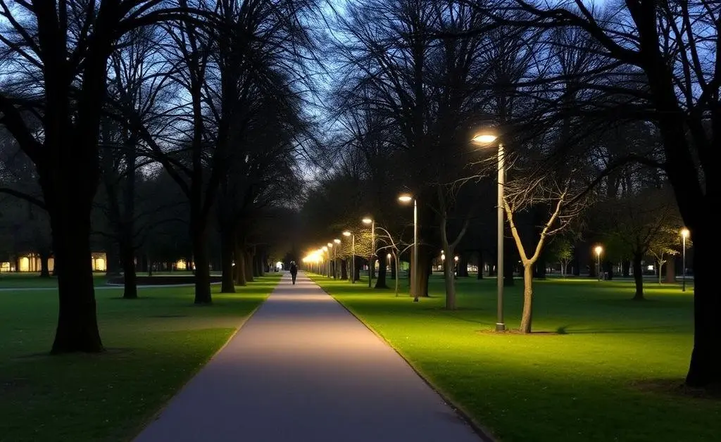 A quiet park path during a peaceful evening walk.