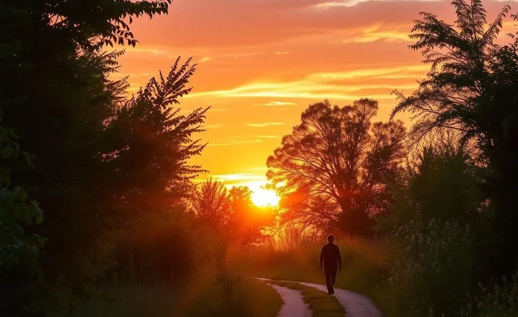 A sunset scene of a person walking peacefully on a quiet path, signifying tranquility.