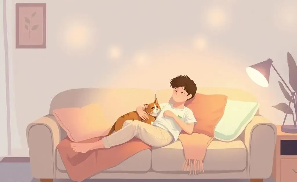 Person relaxing on a couch with a pet and soft lights.