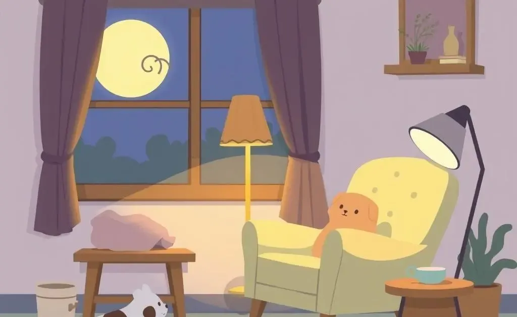 A cozy evening with soft lighting, a comfy chair, and a pet nearby