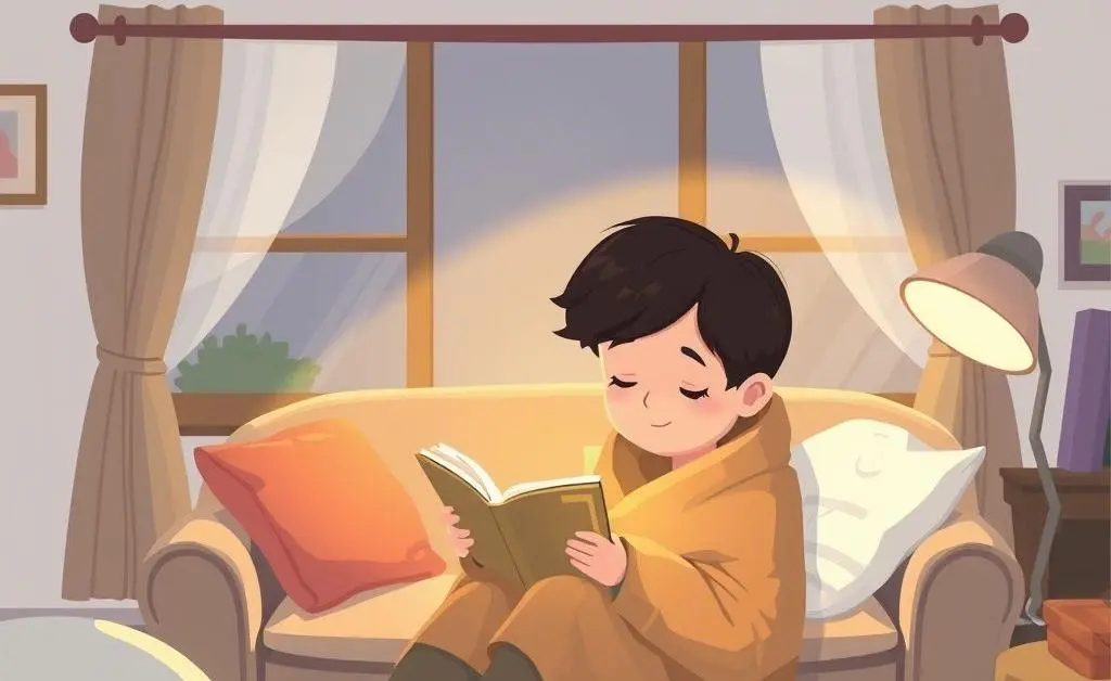 A person reading a book in a cozy living room