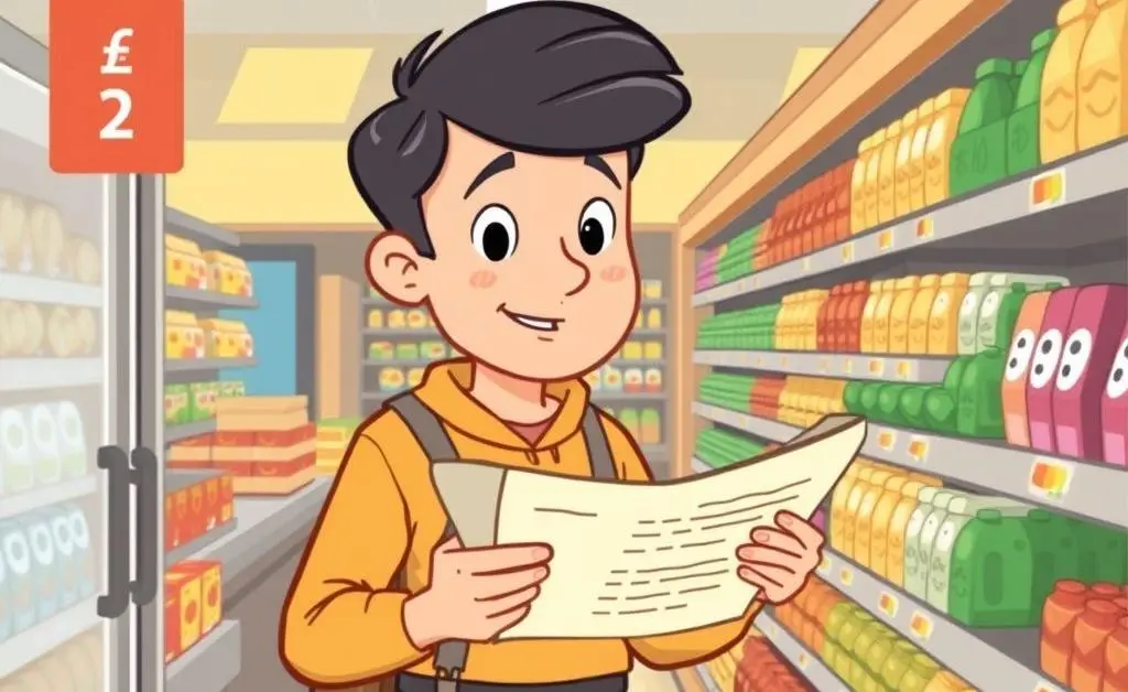 A person comparing prices at a grocery store with a shopping list in hand.