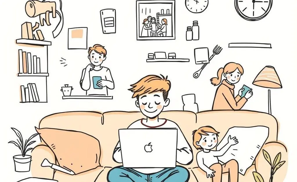 Hand-drawn style image depicting various everyday challenges, like juggling work and home tasks.