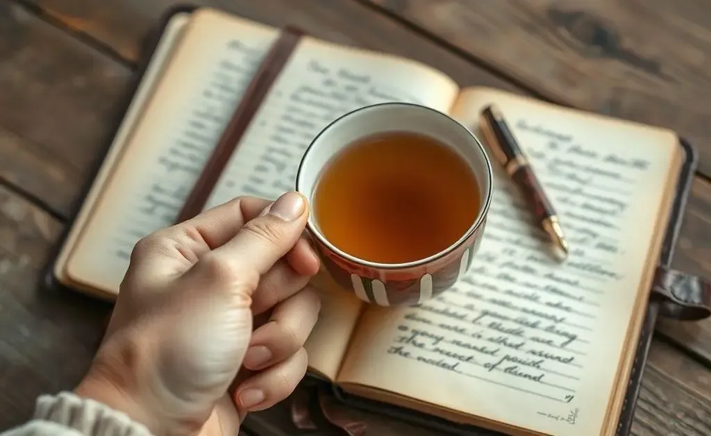 A hand holding a cup of tea with an open diary and pen beside it, symbolizing thoughtful decision-making.